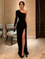 One Shoulder Black Velvet Long Prom Dresses, Black One Shoulder Velvet Formal Prom Dresses