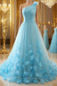 One Shoulder Blue 3D Flowers Long Prom Dress, Blue Floral Formal Evening Dress