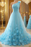 One Shoulder Blue 3D Flowers Long Prom Dresses Blue Floral Prom Dresses