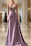 One shoulder Lavender A-line Satin Long Prom Dresses