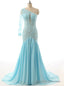 One Shoulder Sheer Back Floor Length with Train Mermaid Prom Dresses