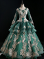 Online Store Dark Green Ball Gowns Tulle Long Sleeve Appliques Quinceanera Dress
