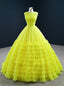 Online Store Yellow Ball Gowns Tulle Pleata Tiers Floor Length Prom Dress