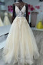 Open Back Appliques A-Line V Neck Champagne Prom Dresses
