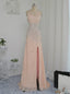 Open Back Prom Dresses A Line V Neck Champagne Slit Sexy Sequins Crystals