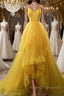 Open Back V Neck High Low Yellow Tulle Long Prom Dresses High Low Yellow Prom Dresses