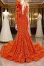 Orange Mermaid One Sleeve Prom Dresses Sequined Lace Jewel Ruffles Evening Party Dress with Appliques