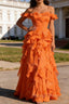Orange Ruffled A-Line Square Neck Long Prom Dresses
