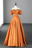 Orange Satin A Line Floor Length Prom Dress, Off the Shoulder Prom Prom Dress