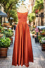 Orange Satin Prom Dresses A Line Square Neckline Spaghetti Straps Sweep Train Prom Dresses