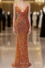 Orange Sequins Sheath Spaghetti Straps Long Prom Dresses