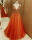 Orange Tulle Ball Gowns Beaded V-Neck