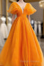 Orange V-Neckline Puffy Sleeves Long Prom Dresses A-Line Organza Prom Dresses