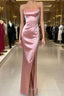 Peach Pink Diamond Spaghetti Strap Satin Bodycon Ball Dress
