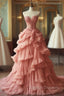 Peach Vintage A-Line Sweetheart Neck Long Ball Gowns Sweet Beaded Applique Dress