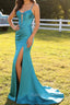 Peacock Blue Corset Mermaid Cut-Out Satin Long Prom Dress with Slit