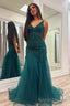 Peacock Mermaid V Neck Appliques Tulle Long Prom Dress