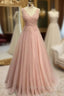Pearl Pink Prom Dresses, A Line V Neck Sleeveless Long Dress Floor Length Tulle Glitter Prom Dress With Appliqued Beading