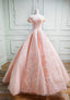 Pink Lace Long A Line Prom Dresses, Off the Shoulder Prom Dresses