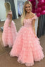 Pink 3D Floral Lace Off-the-Shoulder Ruffle Tiered Prom Gowns