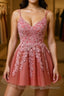 Pink A Line Double Straps V Neck Lace-Up Applique Mini Homecoming Dresses
