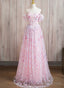 Pink A Line Off Shoulder Lace Floor Length Prom Dress, Pink Lace Prom Dress