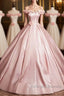 Pink A-Line Off Shoulder Satin Long Prom Dress, Beautiful A-Line Off The Shoulder Party Dress
