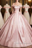Pink A-Line Off Shoulder Satin Long Prom Dresses Beautiful A-Line Off The Shoulder Prom Dresses