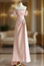 Pink A-Line Satin Long Prom Dresses Off Shoulder Pink Long Prom Dresses