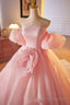 Pink A Line Sweetheart Ball Gowns Formal Dress with Flowers, Off the Shoulder Prom Prom Dress