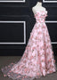 Pink A-Line Sweetheart Strapless Sweep Train Floral Print Long Lace Prom Dress With Flowers