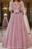 Pink A-line tulle lace long prom dress, pink lace formal dress