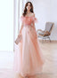 Pink A-Line Tulle Off Shoulder Beaded Prom Dresses Pink Tulle Prom Dresses