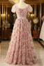 Pink A-Line Tulle Pleated Floral Prom Dresses Long Adult Ceremony Graduation Prom Dresses