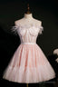 Pink A Line Tulle Short Prom Dress with Feather, Pink Strapless Prom Dress