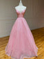Pink A Line v neck tulle long prom dress, pink Prom dress