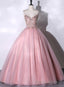 Pink Ball Gowns Beaded V Neckline Prom Dress, Pink Sweet 16 Dresses