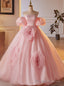 Pink Ball Gowns Puff Sleeve Flower Prom Dress