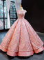Pink Ball Gowns Satin Embroidery Appliques Sequins Cap Sleeve Backless Prom Dress