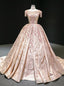 Pink Ball Gowns Satin Sequins Cap Sleeve Embroidery Beading Prom Dress