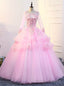 Pink Ball Gowns Tulle Appliques Long Sleeve Quinceanera Dresses