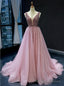 Pink Ball Gowns Tulle Deep V Neck Backless Beading Prom Dress