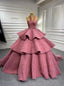 Pink Ball Gowns Tulle Halter Tiers Prom Dress