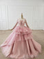 Pink Ball Gowns Tulle Long Sleeve Beading Wedding Dress