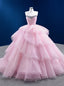 Pink Ball Gowns Tulle Pleats Beading Ctystal Prom Dress