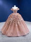 Pink Ball Gowns Tulle Sequins 3D Appliques Prom Dress