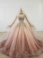 Pink Ball Gowns Tulle Sequins High Neck Cap Sleeve Wedding Dress