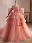Pink Ball Gowns Tulle Sweetheart Tiers Pleats Prom Dress