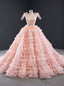 Pink Ball Gowns Tulle V Neck Backless Beading Long Prom Dress