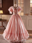 Pink Ball Gowns V Neck Puff Sleeve Satin Lace Prom Dress
